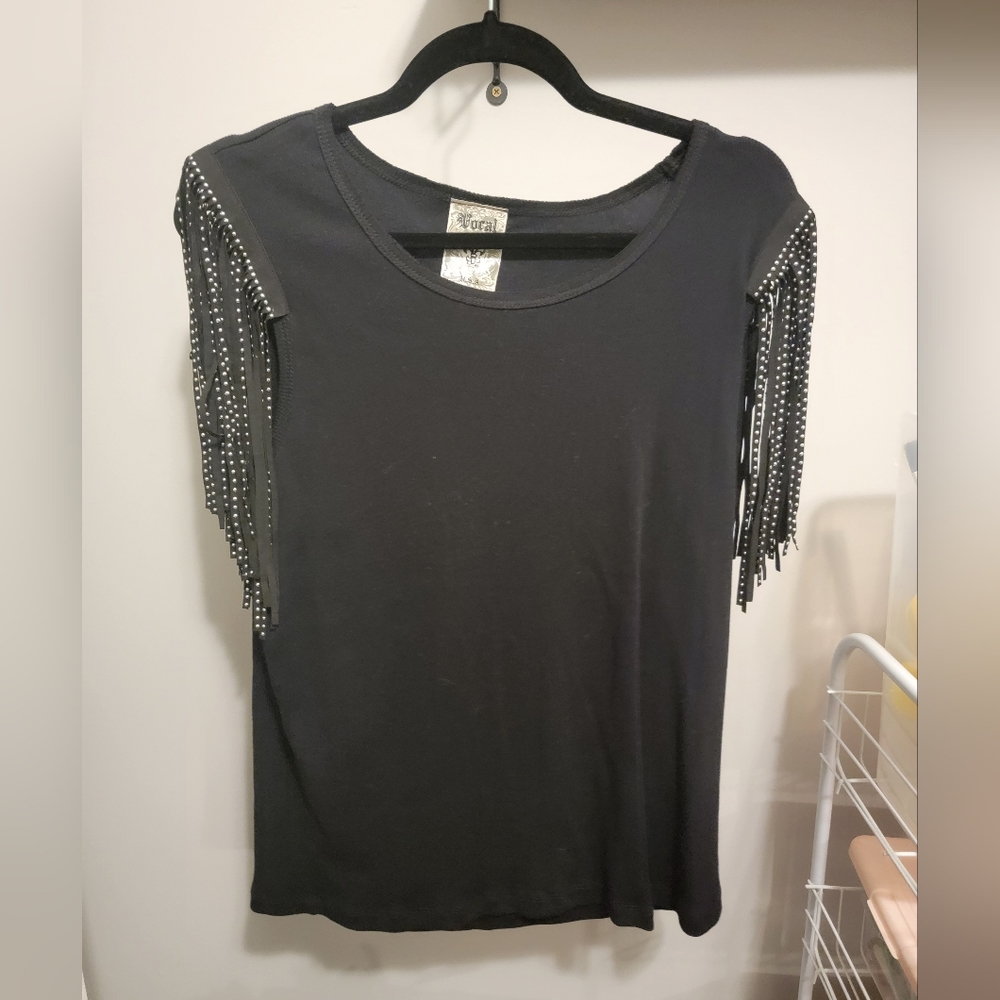 Vocal Fringe sleeve Top black L silver studs